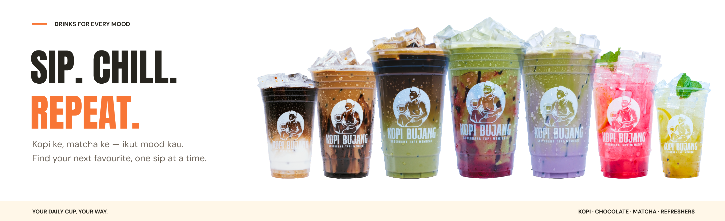 Kopi Bujang iced coffee, chocolate, matcha and colourful fruit drinks, arranged in an arc.